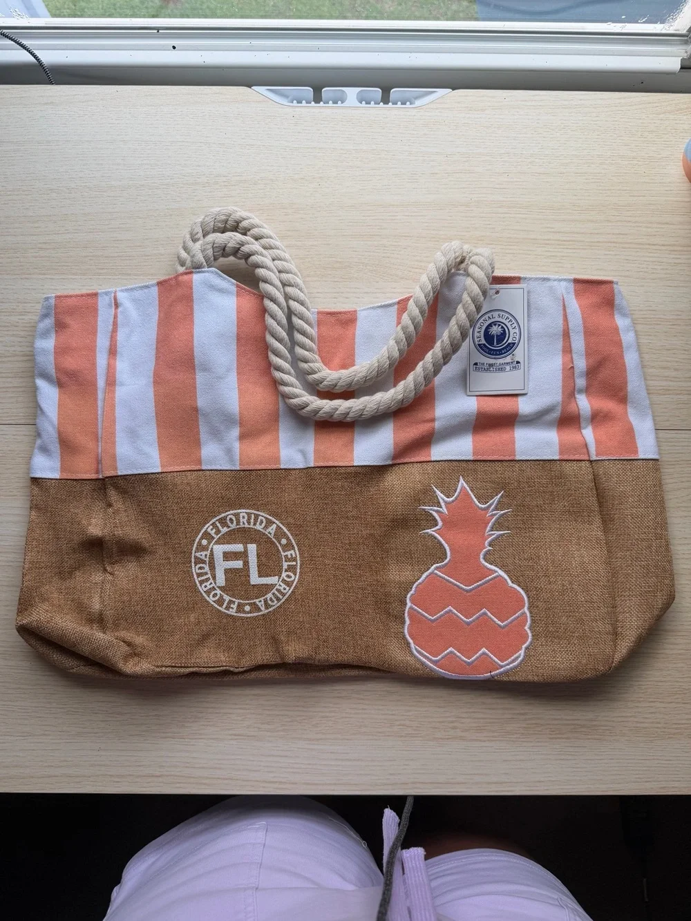 Striped Orange & White Pineapple Tote Bag with Rope Handles
